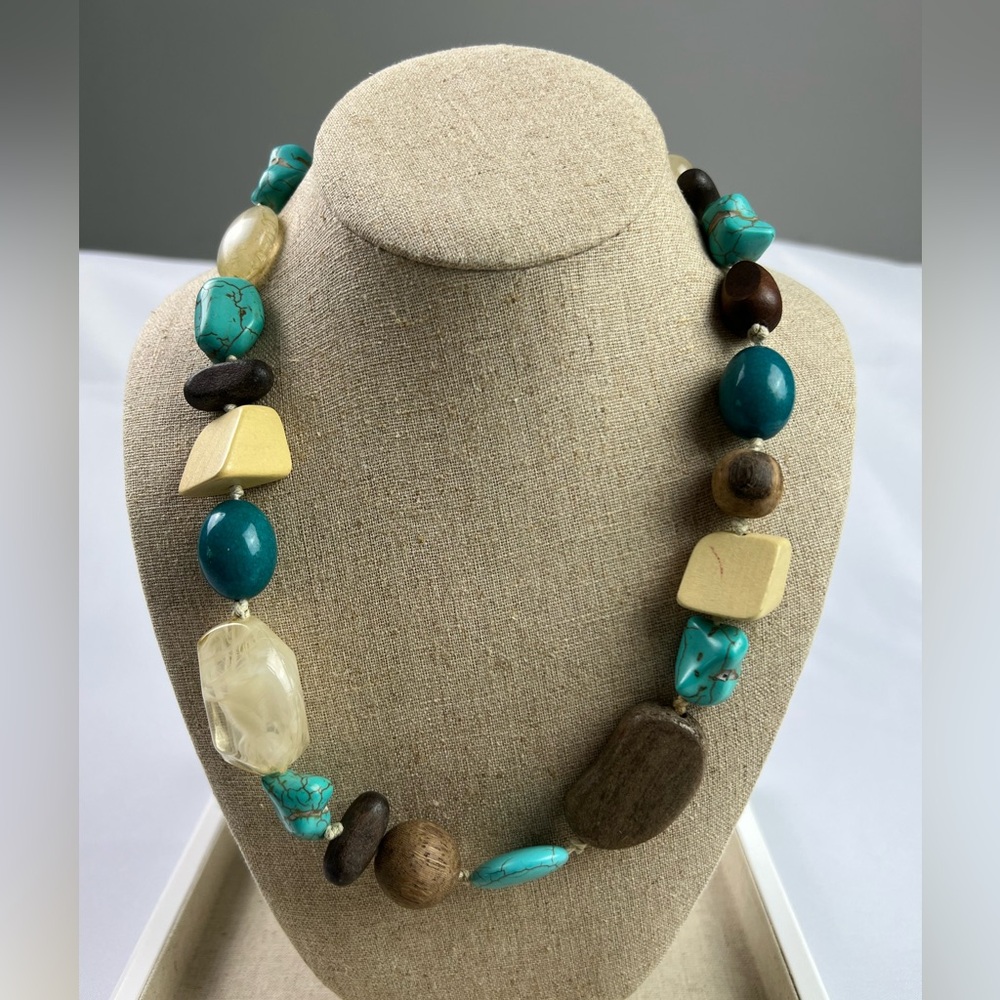 Multi Bead Brown White Turquoise Acrylic Wood Necklace
